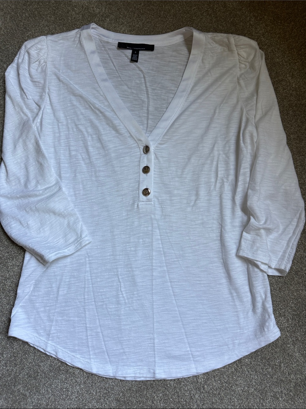 White House Black Market White V-Neck Button Henley Tunic - 3/4 Sleeve